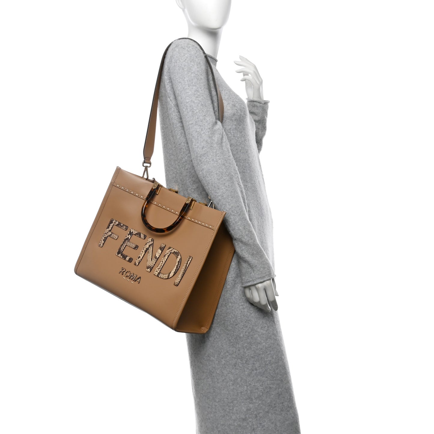 Vitello King Plexiglass Elaphe Python Print Logo Medium Fendi Sunshine Shopper Tote Miele Scuro Makeup