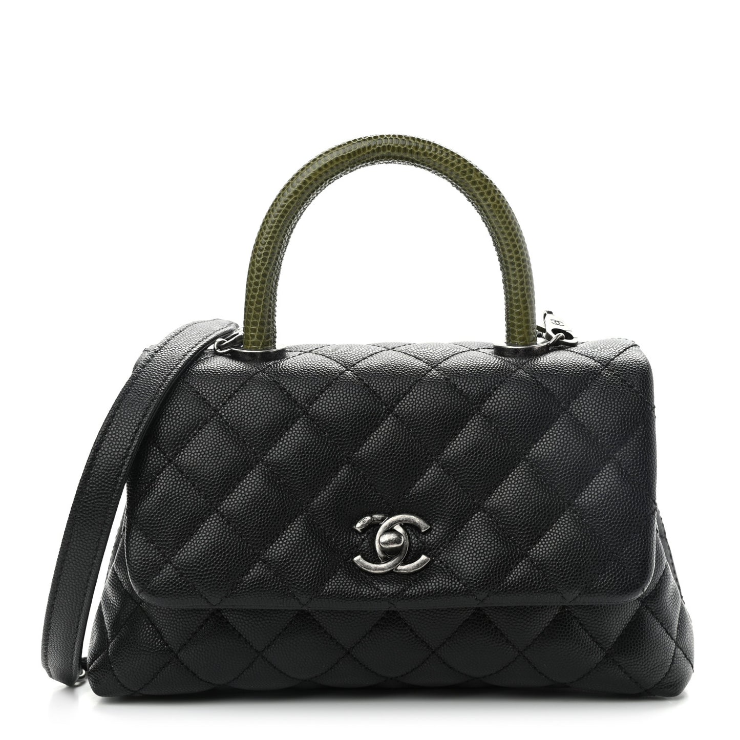 Caviar Lizard Quilted Mini Coco Handle Flap Black Khaki