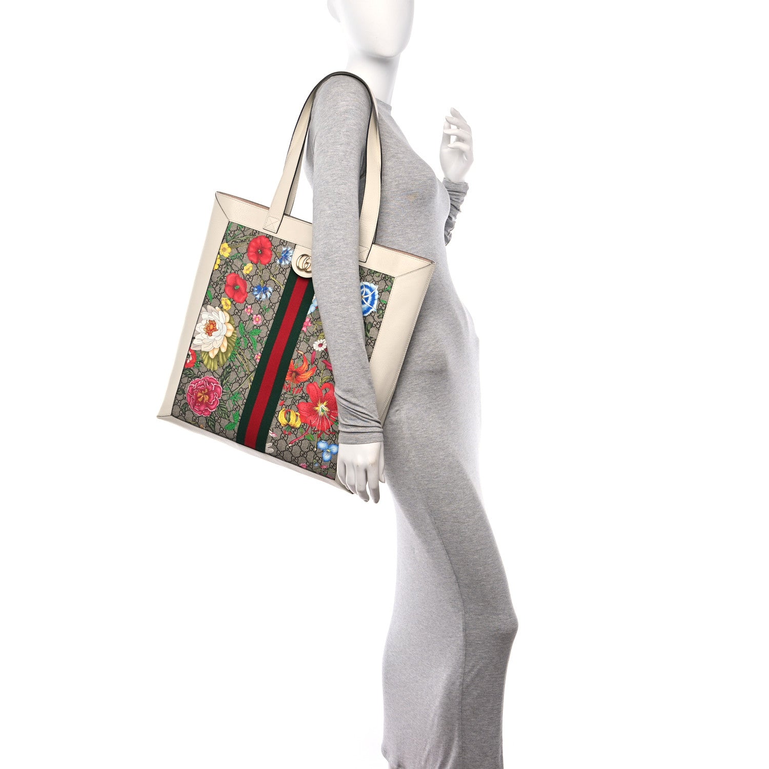 Gucci GG Supreme Monogram Flora Web Ophidia Vertical Shopping Tote White 3 of 14