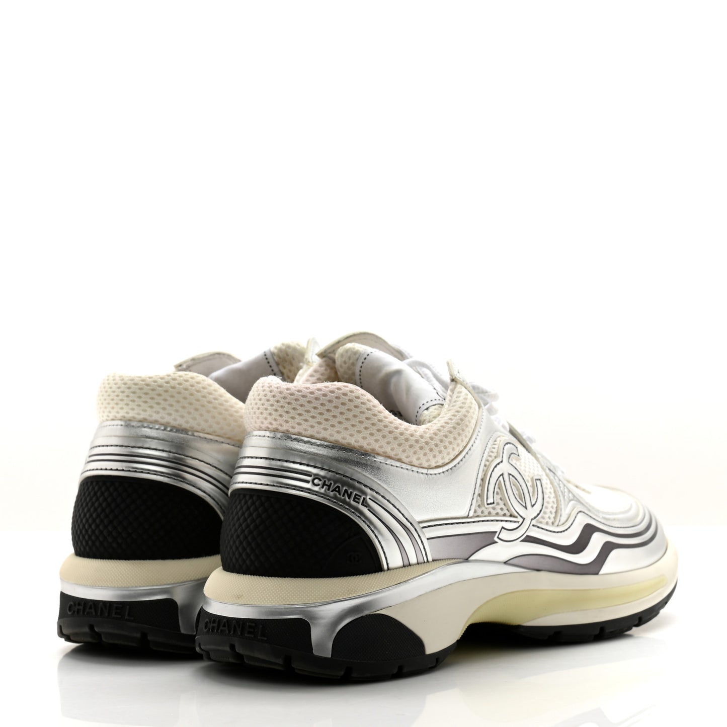 Fabric Laminated Calfskin Stretch CC Sneakers 40 White Silver