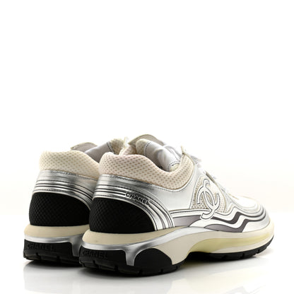 Chanel Fabric Laminated Calfskin Stretch CC Sneakers 40 White Silver 4 of 17
