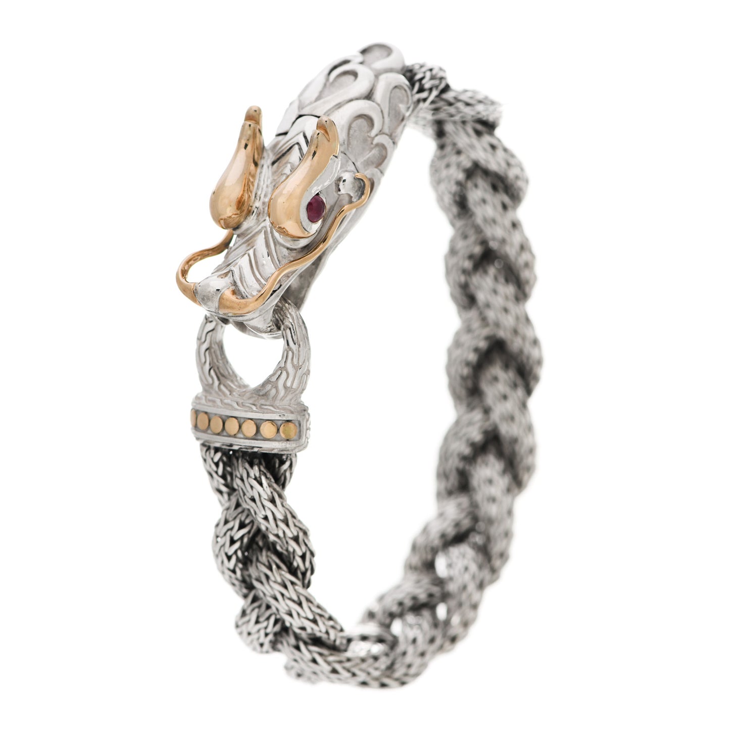 Sterling Silver 18K Yellow Gold Ruby Naga Dragon Braided Chain Bracelet