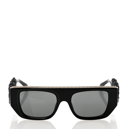 Chanel Acetate Tweed Wool CC Chain Rectangle Sunglasses 71549 Black 2 of 8