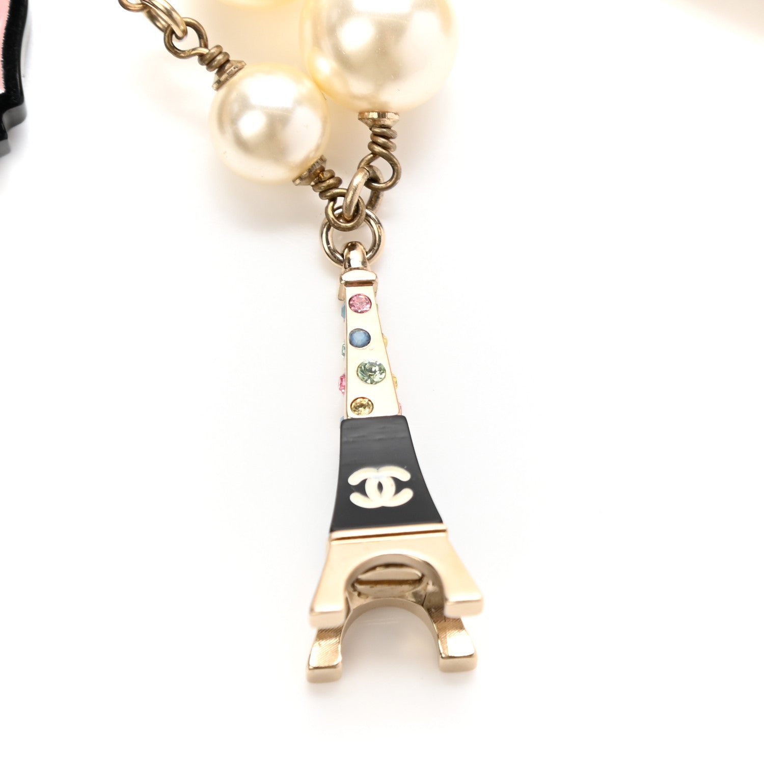 Chanel Pearl Resin Crystal CC Charm Necklace Gold Pink Black 8 of 9