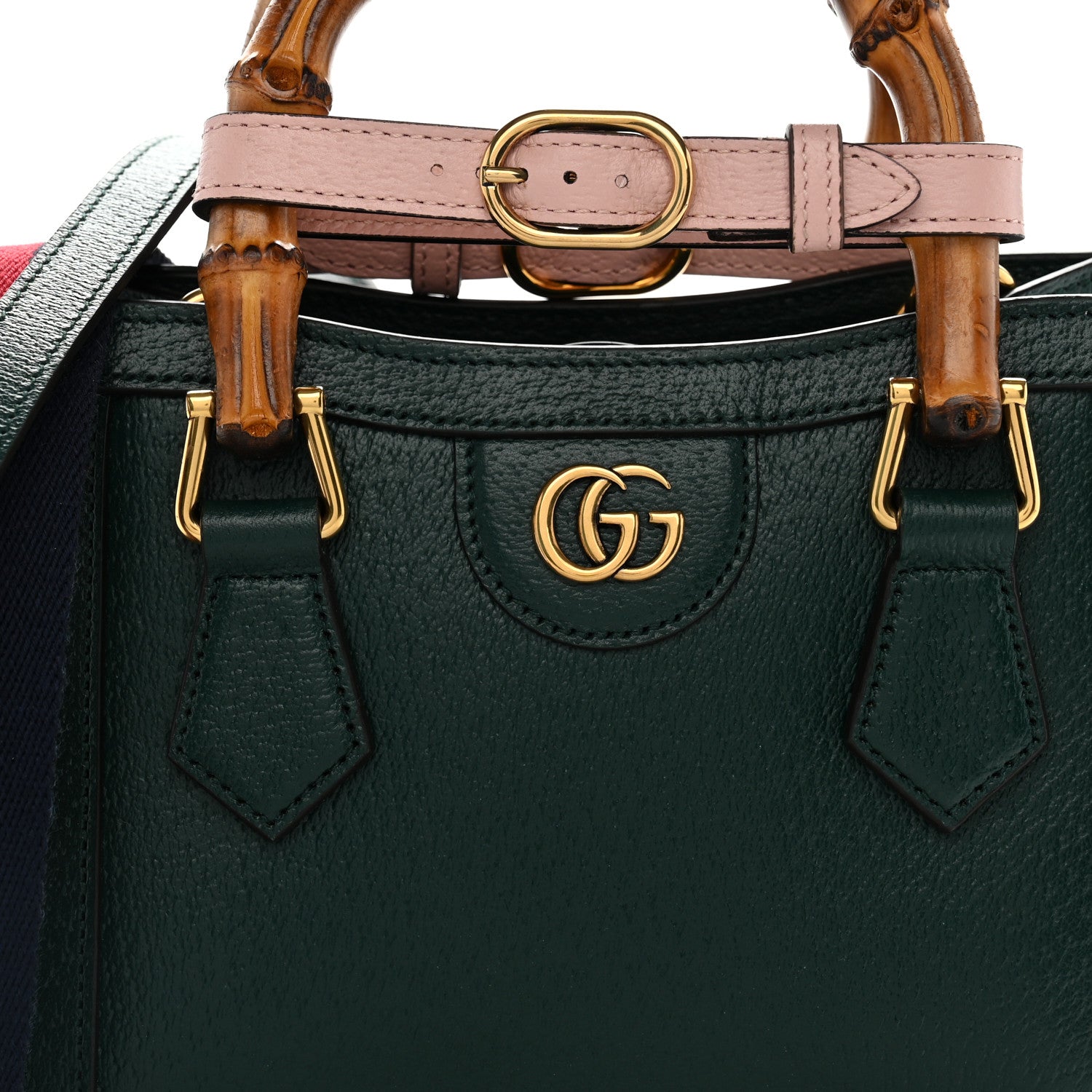 Gucci Textured Dollar Calfskin Web Mini Diana Tote Bag Vintage Green Pink 7 of 9