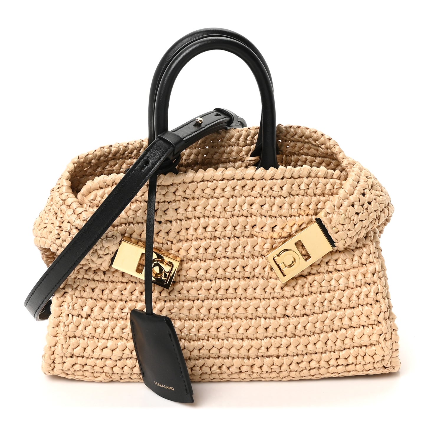 Raffia Effect Calfskin XS Hug Bag Natural Black