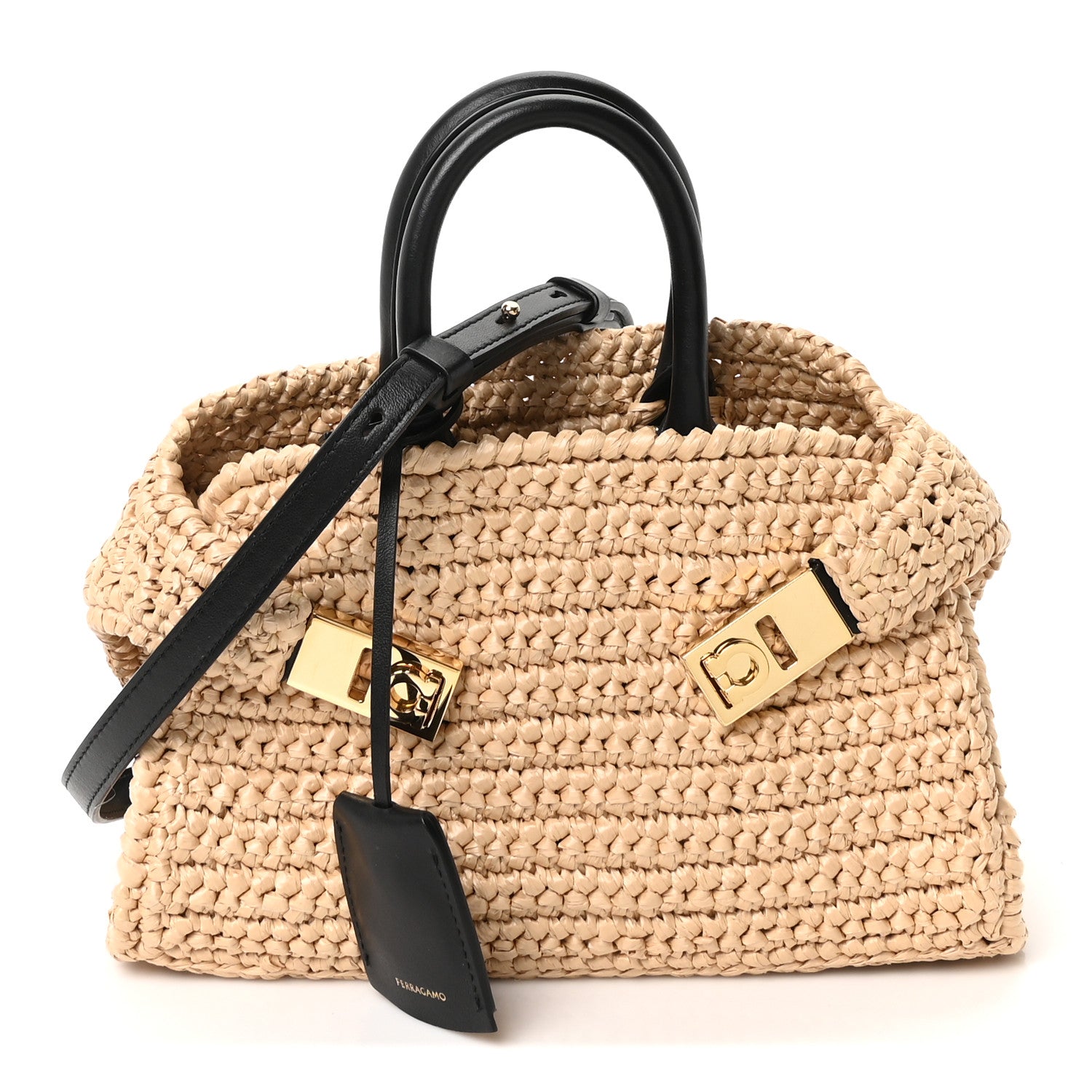 Salvatore Ferragamo Raffia Effect Calfskin XS Hug Bag Natural Black 1 of 10