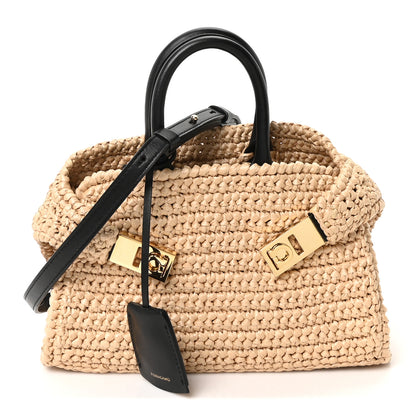Salvatore Ferragamo Raffia Effect Calfskin XS Hug Bag Natural Black 1 of 10