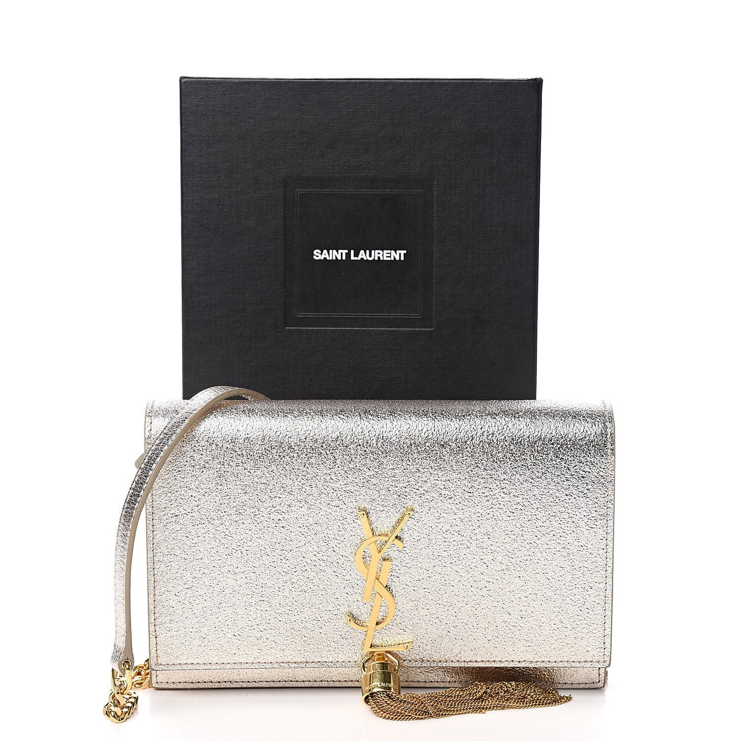 Metallic Calfskin Classic Monogram Kate Tassel Chain Wallet Platine