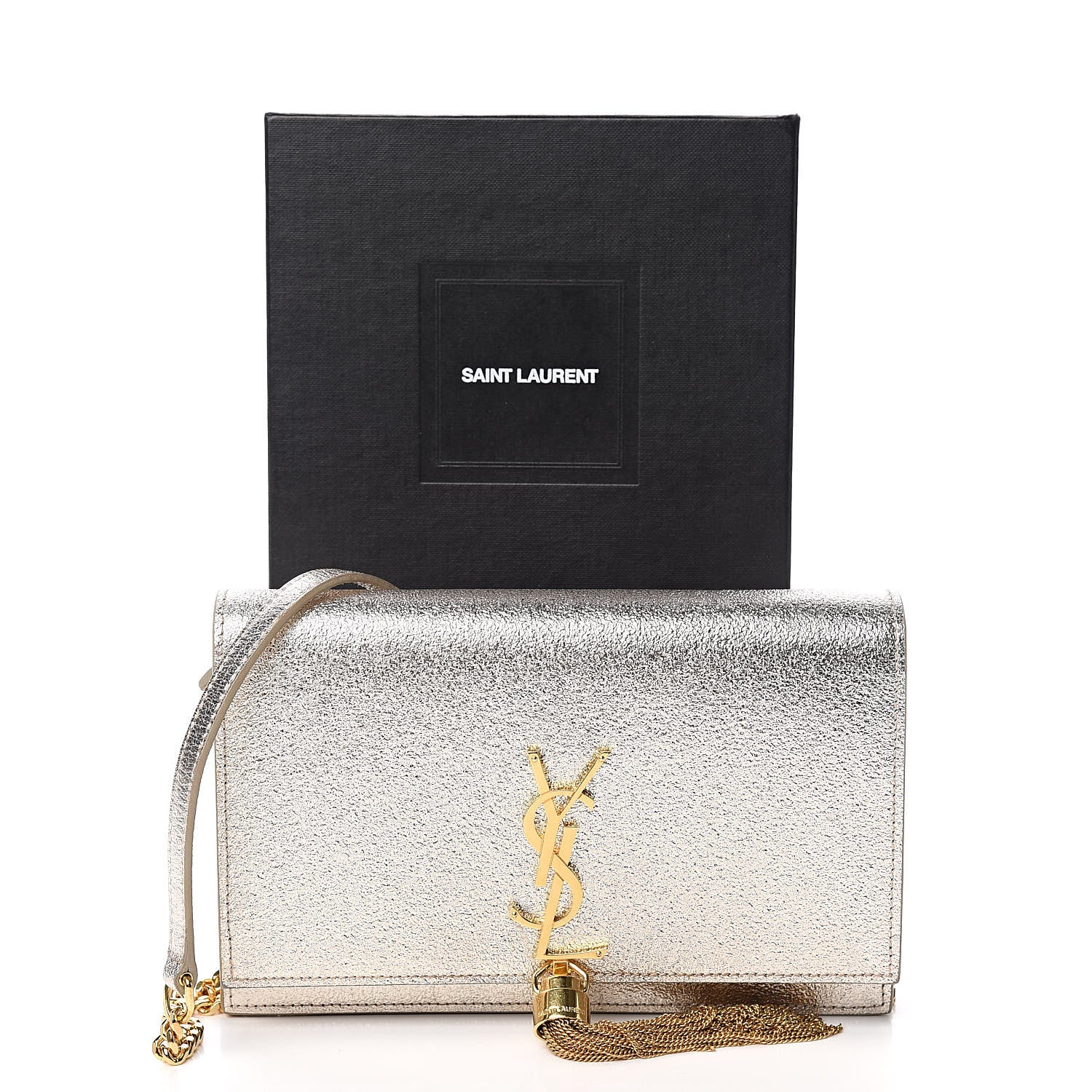 Saint Laurent Metallic Calfskin Classic Monogram Kate Tassel Chain Wallet Platine 12 of 12