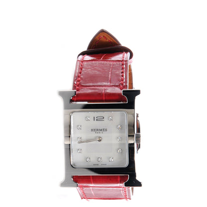 Hermes Stainless Steel Alligator Diamond 26mm Heure H Hour Quartz Watch Rouge Casaque 1 of 11