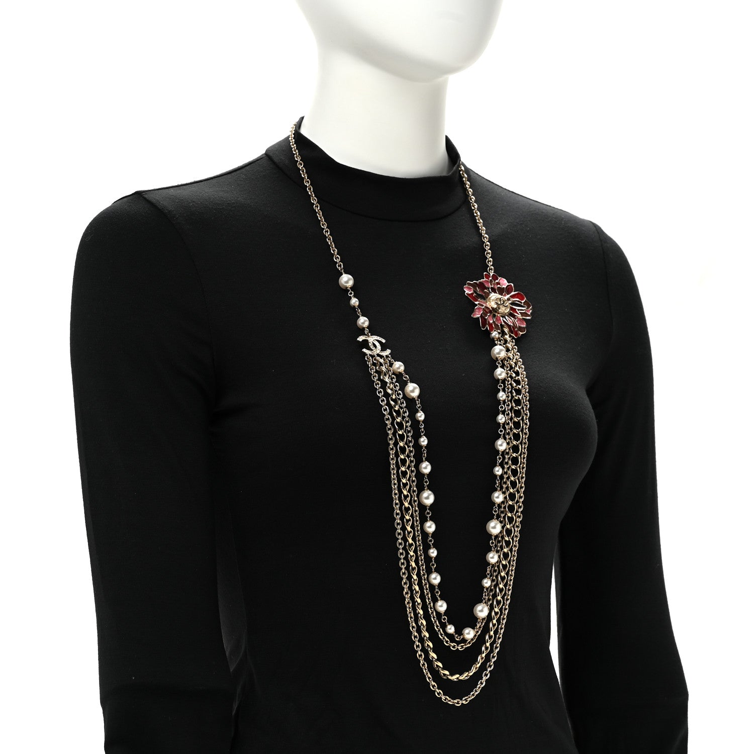 Chanel Resin Pearl Metal CC Camellia Multi Strand Long Necklace Gold Pink Multicolor 2 of 6
