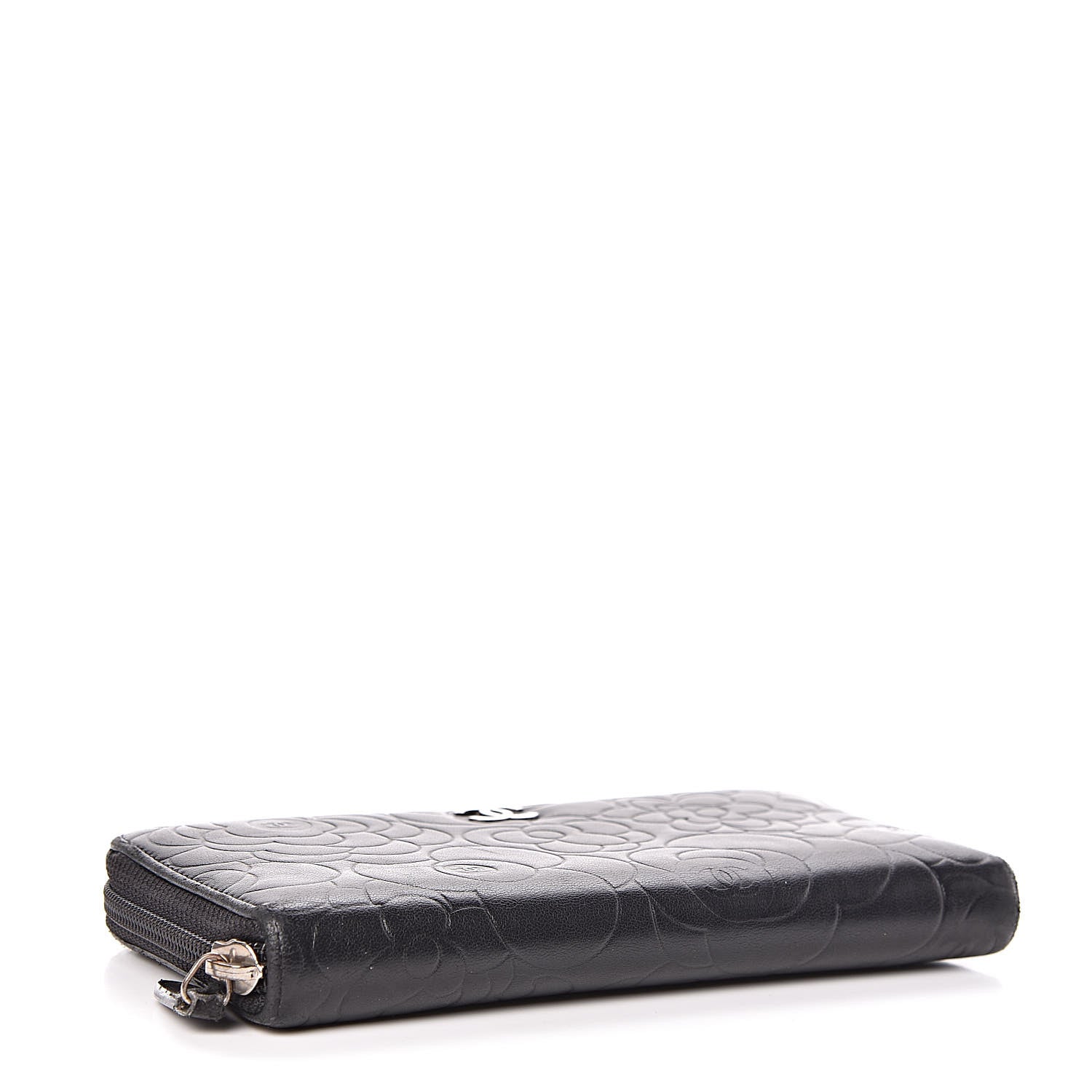 Chanel Lambskin Camellia Embossed Large Zip Around Gusset Wallet Black 4 of 14