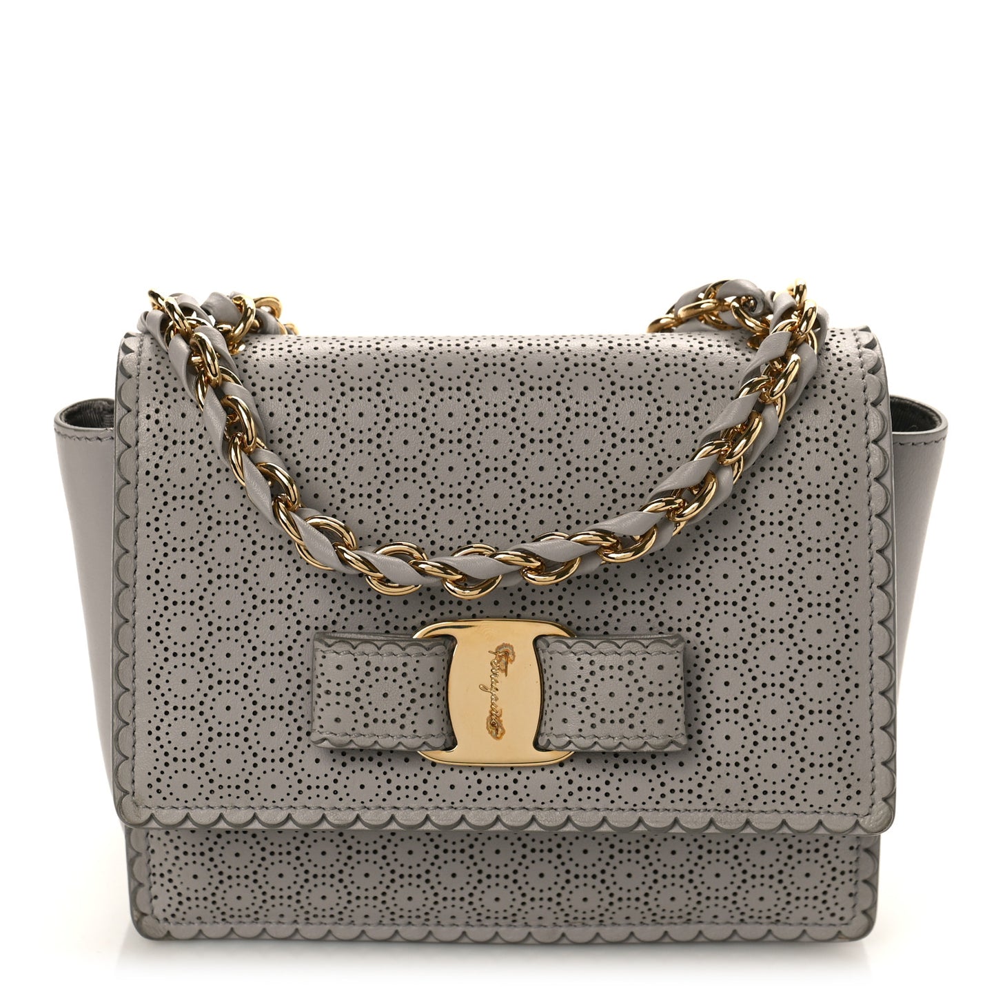 Perforated Calfskin Mini Ginny Shoulder Bag Grey