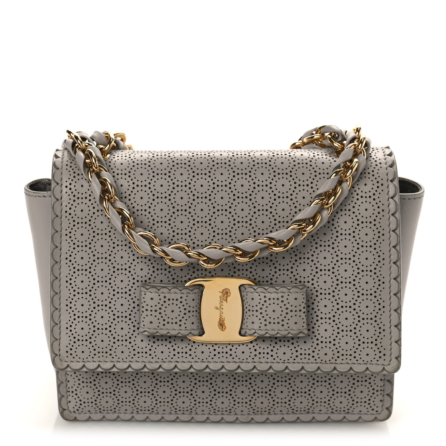 Salvatore Ferragamo Perforated Calfskin Mini Ginny Shoulder Bag Grey 1 of 8