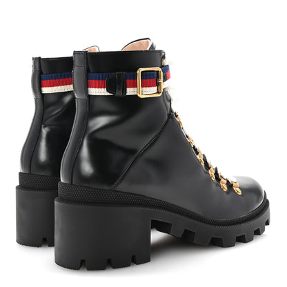 Gucci Calfskin Sylvie Web Womens Lace Up Combat Boots 39.5 Black 5 of 10