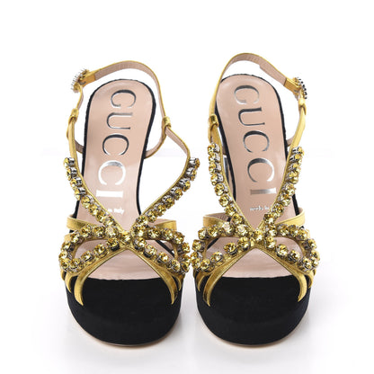 Gucci Velvet Nappa Crystal Zephyra Slingback Platform High Heel Sandals 37 Black Gold 5 of 9