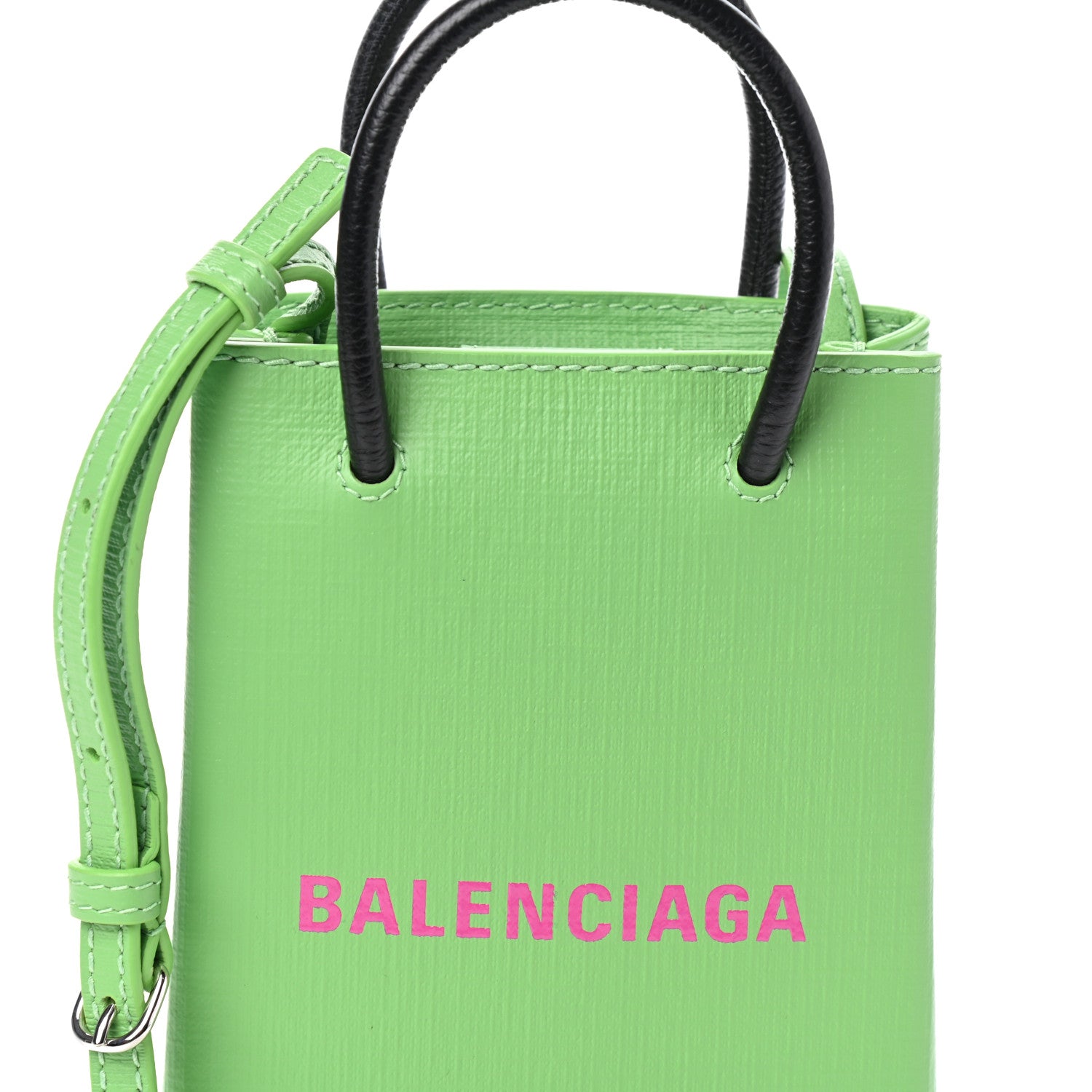 Balenciaga Squared Calfskin Logo Shopping Phone Holder Bag Light Green Fuchsia 7 of 9
