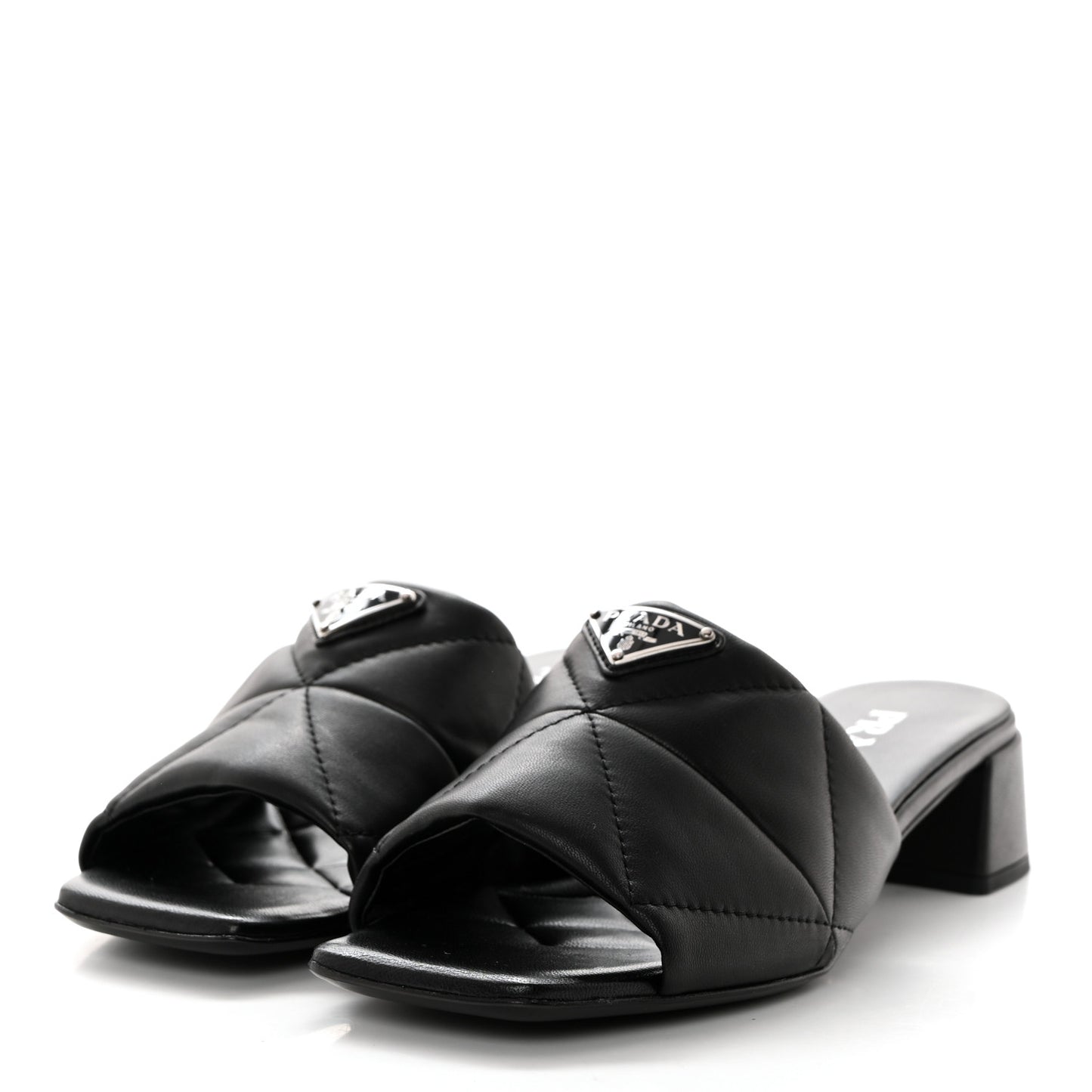 Nappa Metal Triangle Logo Quilted Block Heel Slide Sandals 36 Black