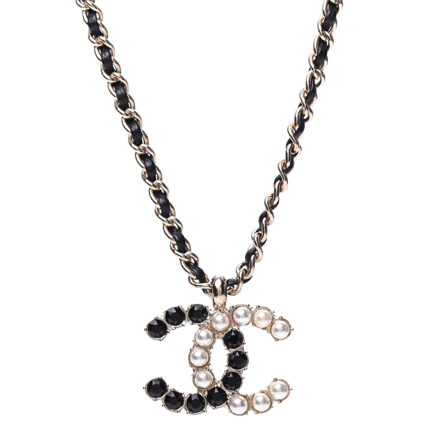 Lambskin Resin Pearl Dazzling Domino Short Necklace Gold Black