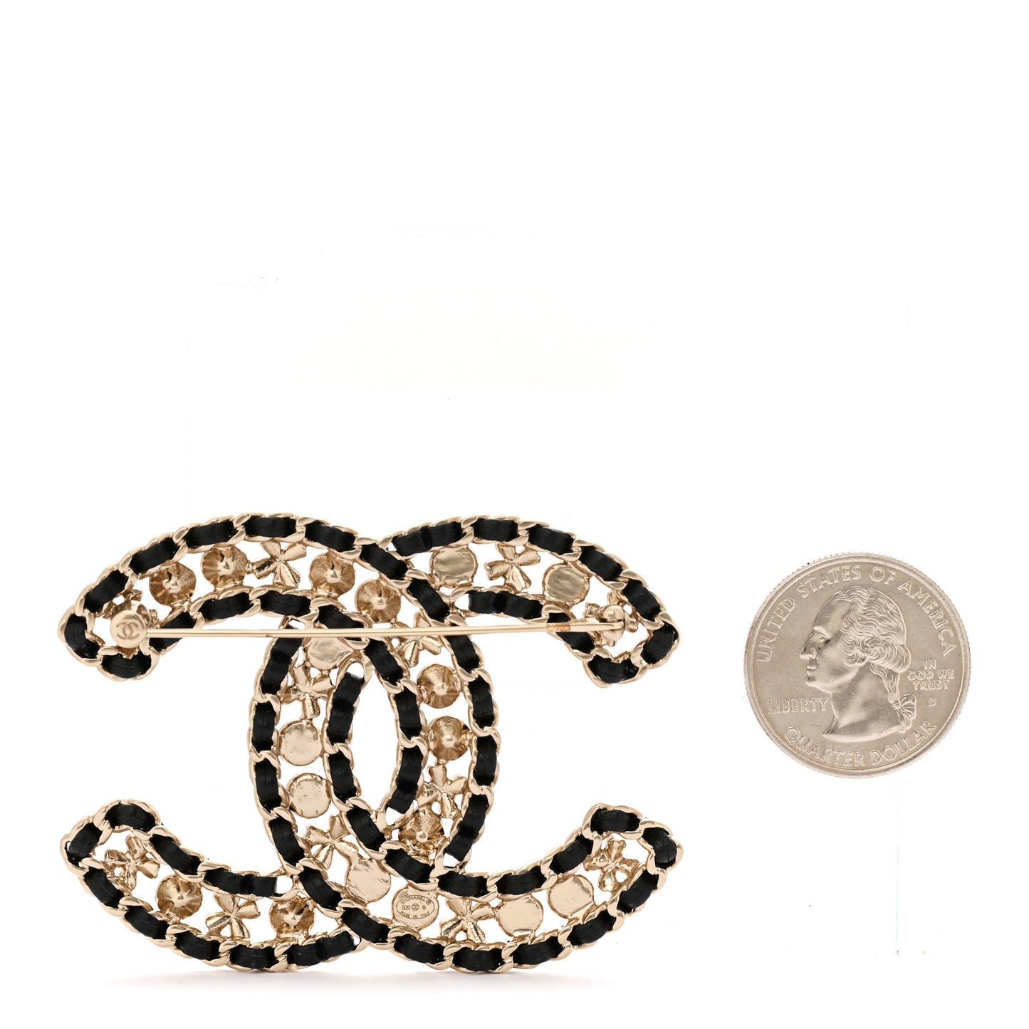 Lambskin Pearl Crystal CC Brooch Gold Black