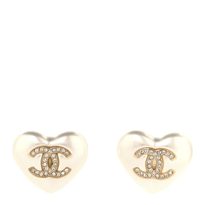 Chanel Pearl Crystal CC Heart Earrings Gold 1 of 5