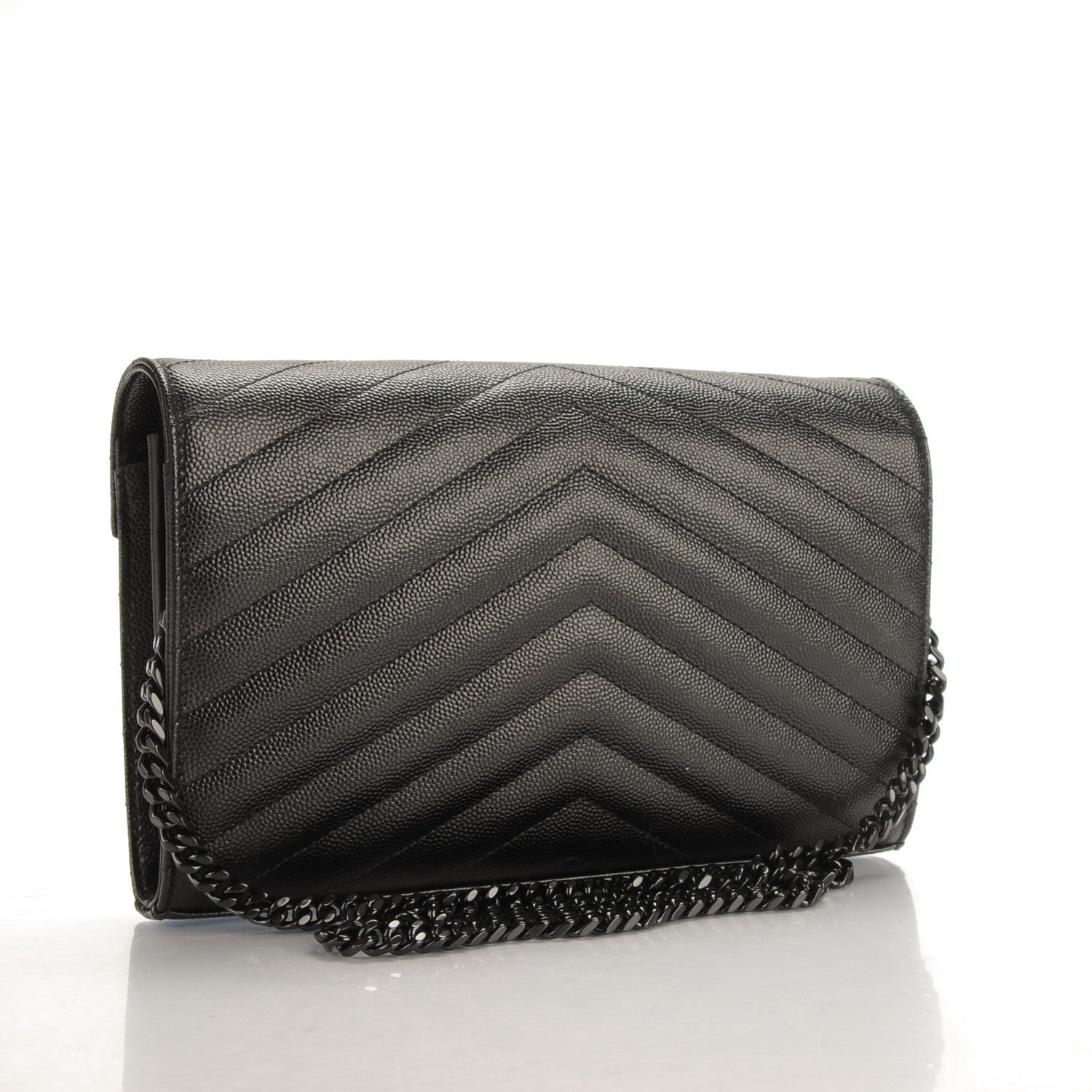 Saint Laurent Grain De Poudre Matelasse Chevron Monogram Chain Wallet Black 3 of 8