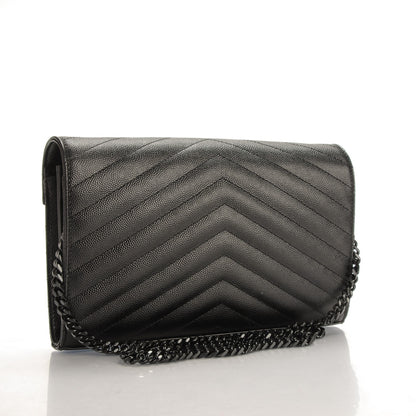 Saint Laurent Grain De Poudre Matelasse Chevron Monogram Chain Wallet Black 3 of 8
