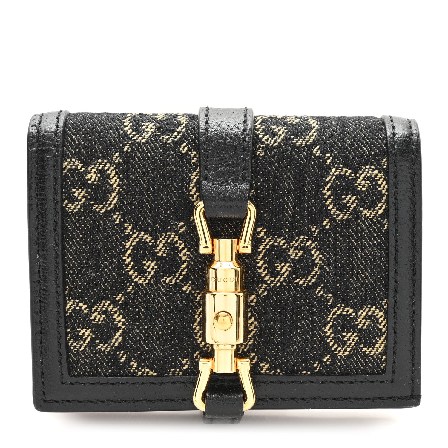 Gucci Jacquard Black Denim GG Monogram Textured Dollar Calfskin Jackie 1961 Card Case Black Ivory 1 of 7