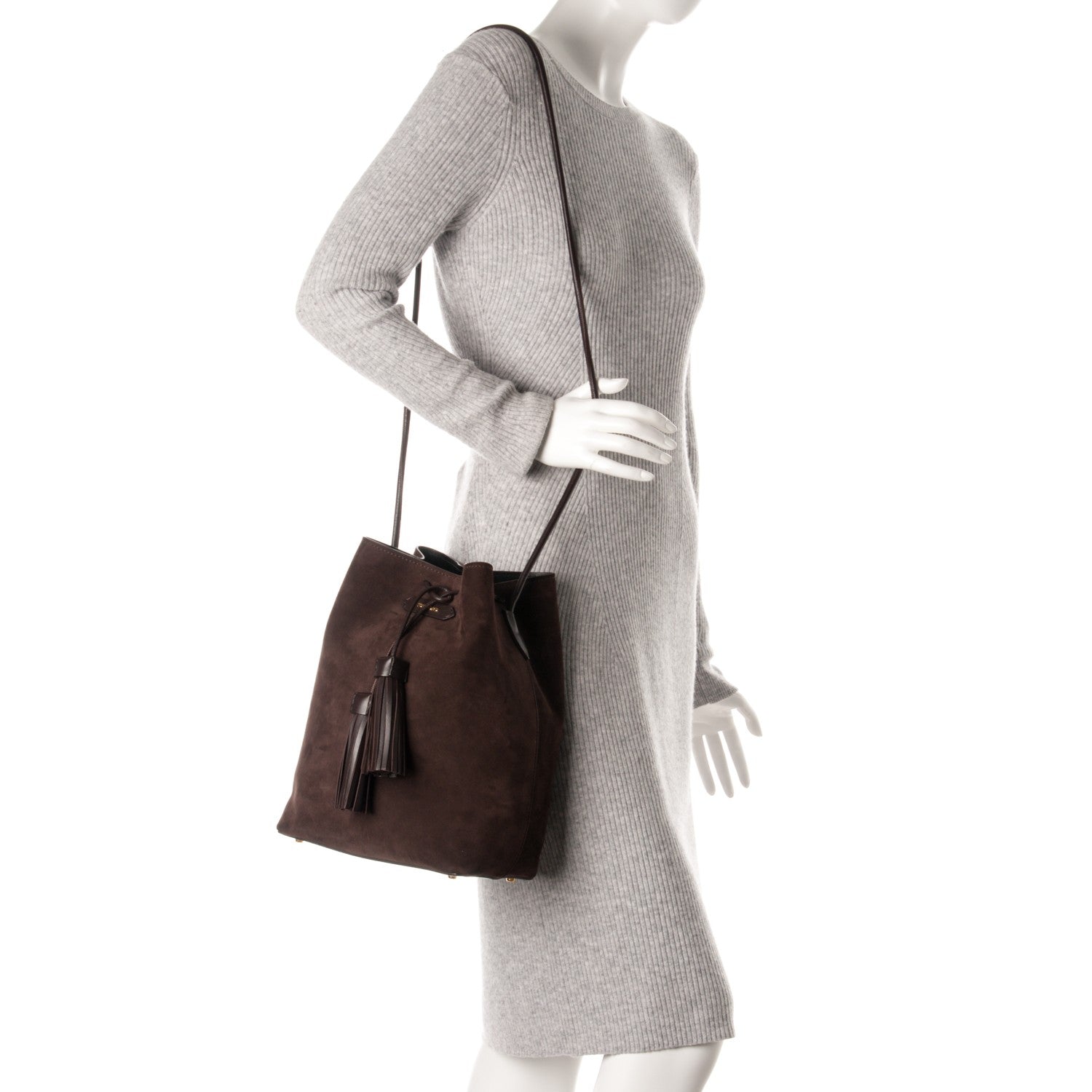 Tom Ford Suede Medium Double Tassel Bucket Bag Dark Brown 2 of 6