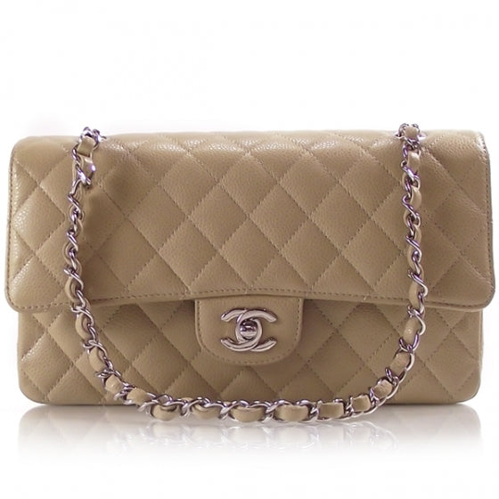 Caviar Quilted Medium Double Flap Beige