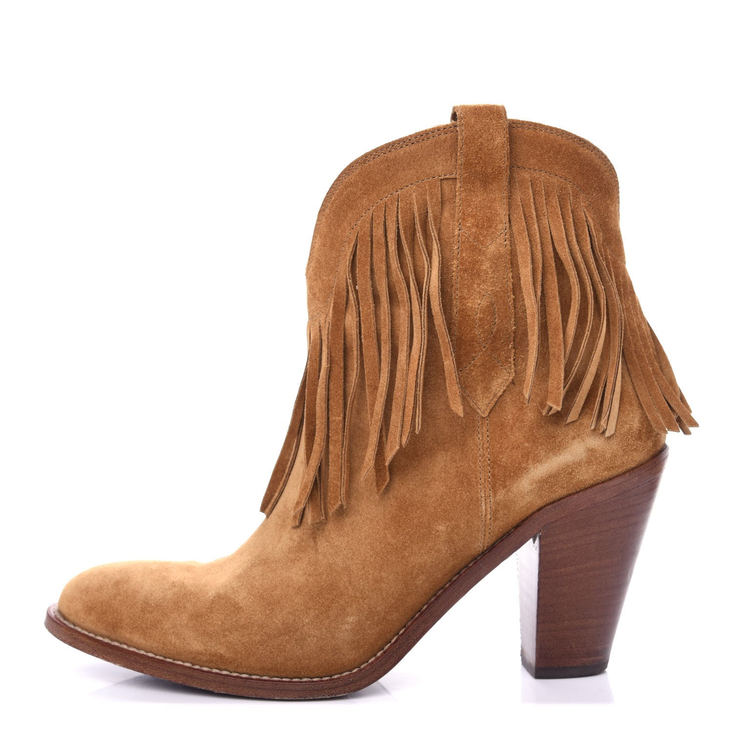 Saint Laurent Suede New Western 80 Fringe Ankle Boots 38.5 Tan 1 of 11