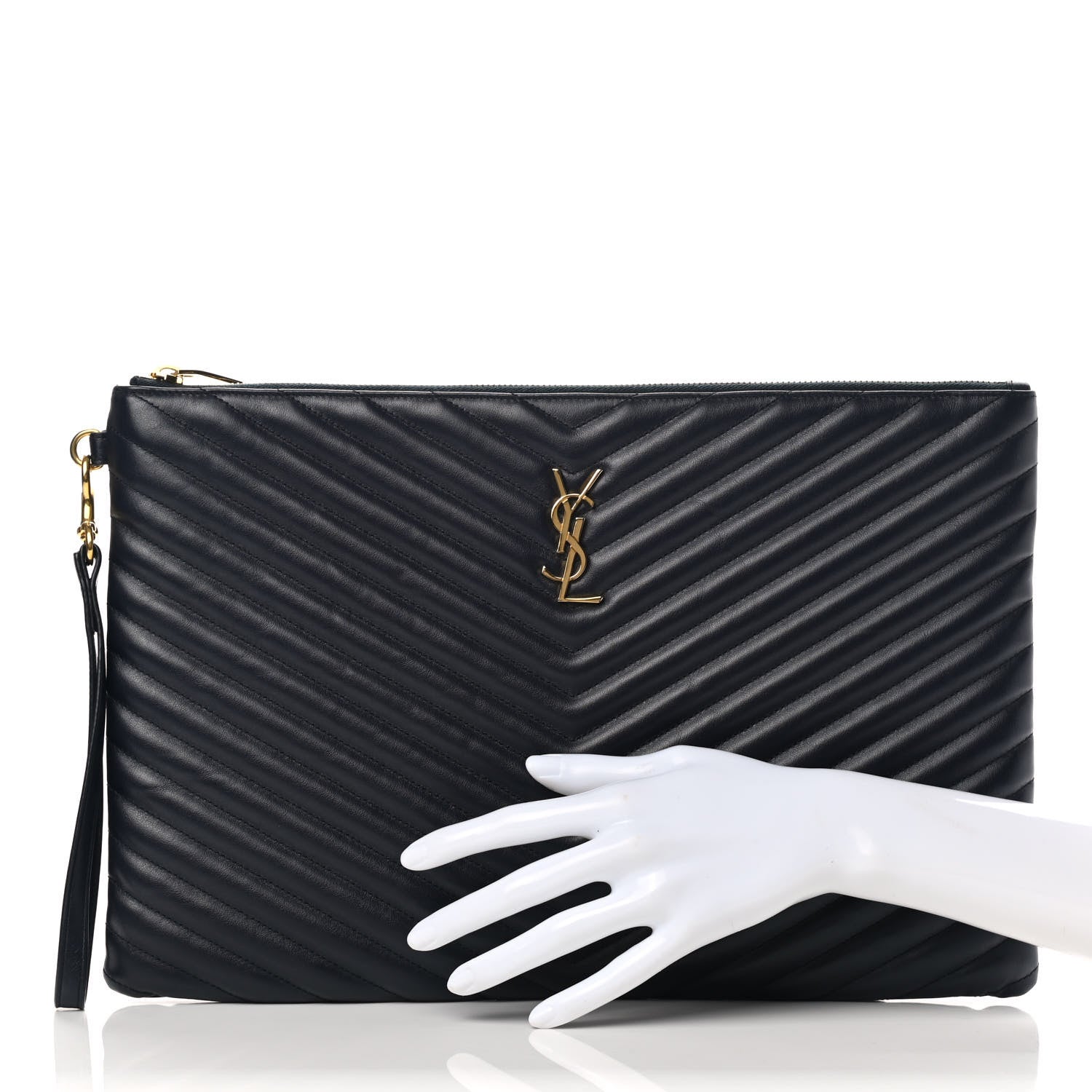 Saint Laurent Calfskin Matelasse Chevron Monogram Document Holder Marine 2 of 9