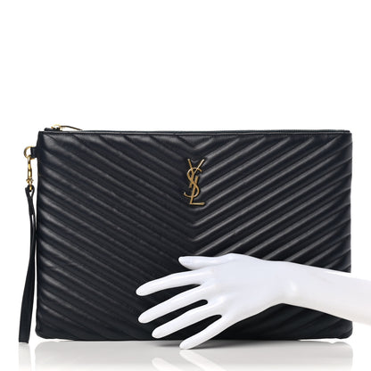 Saint Laurent Calfskin Matelasse Chevron Monogram Document Holder Marine 2 of 9
