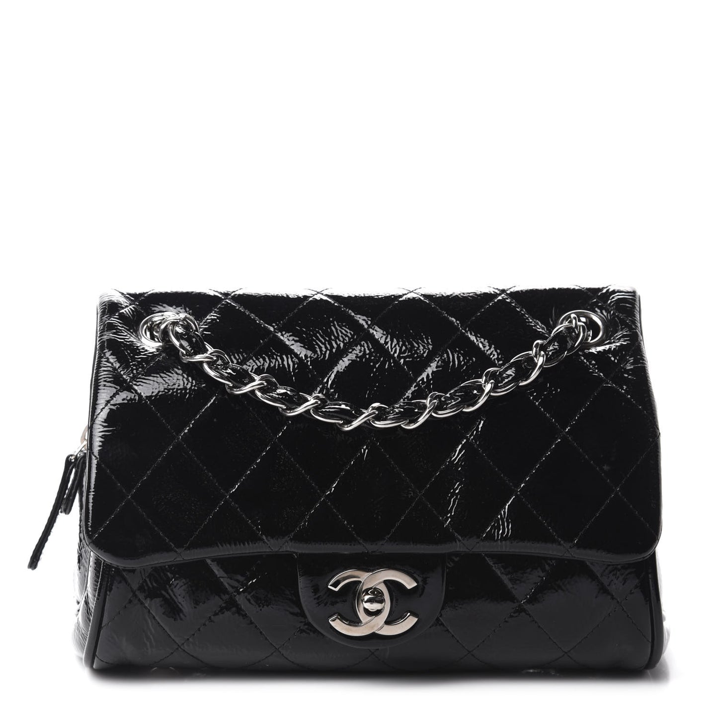 Distressed Patent Quilted Single Flap Bag Black
