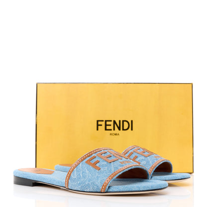 Fendi Denim Print Logo Flat Slide Sandals 38.5 Denim Brandy 8 of 8