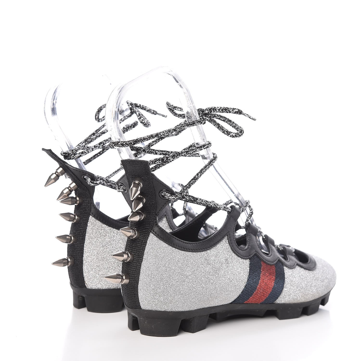 Gucci Nappa Sparkle Studded Web Lace Up Titan Sneakers 37.5 Argento 4 of 10