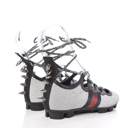 Gucci Nappa Sparkle Studded Web Lace Up Titan Sneakers 37.5 Argento 4 of 10