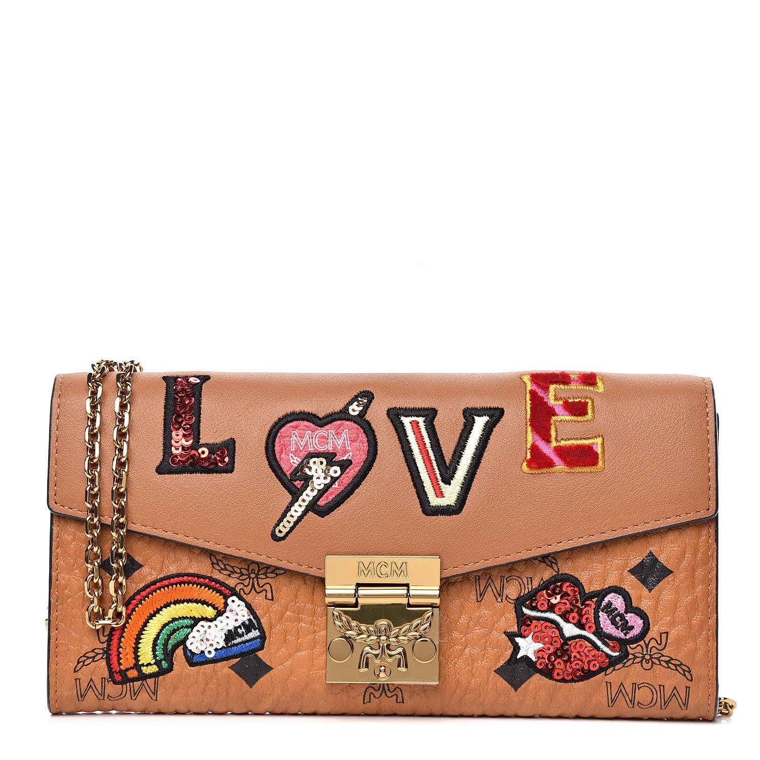MCM Visetos Large Patricia Love Patch Wallet On Chain Cognac 1 of 10