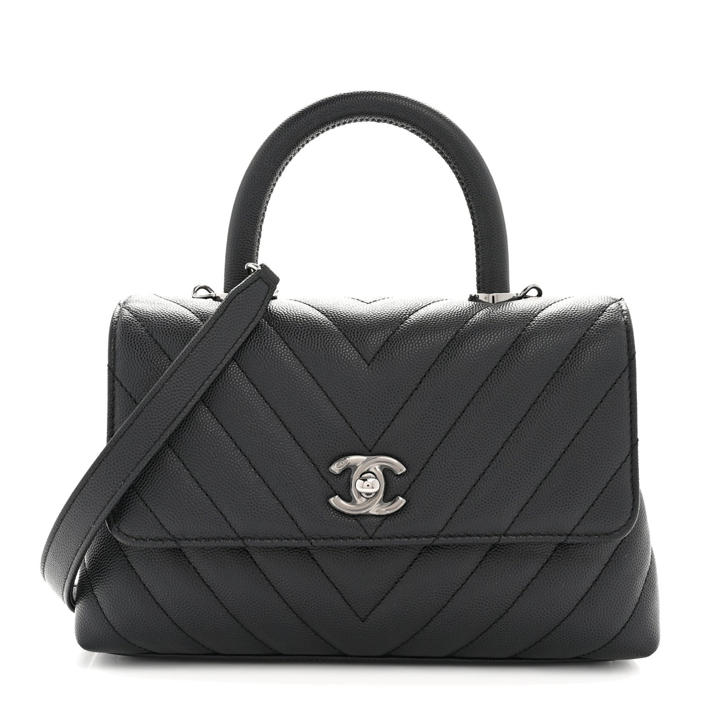 Caviar Chevron Quilted Mini Coco Handle Flap Dark Grey