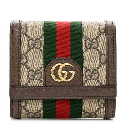 Gucci GG Supreme Monogram Textured Calfskin Web Ophidia Card Case Wallet Beige Ebony New Acero 1 of 6