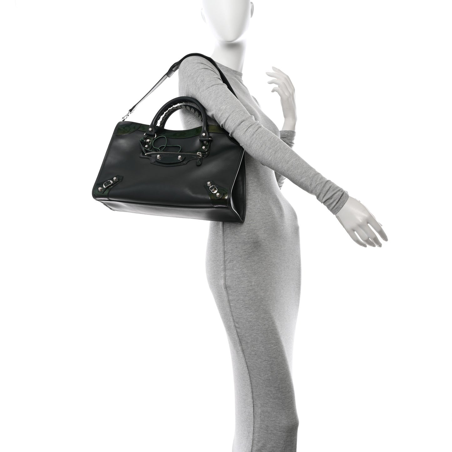 Smooth Calfskin Metallic Patent Giant 12 Silver Hardware City Vert Poker Fonce