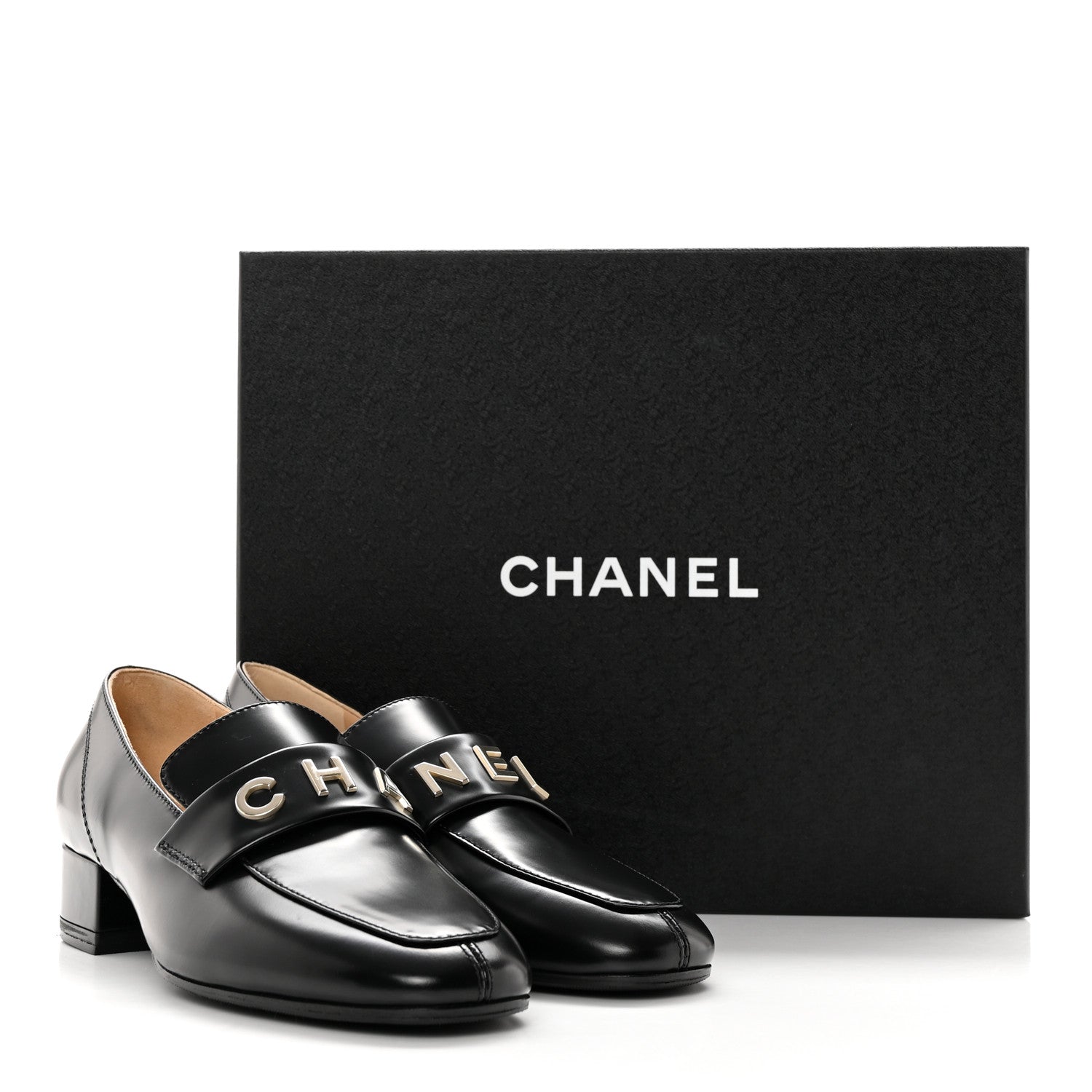 Chanel Shiny Calfskin Logo Loafers 37 Black 13 of 13