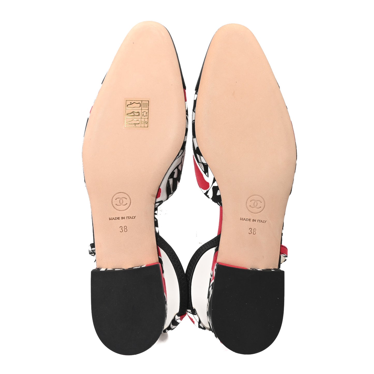 Printed Fabric Grosgrain Cap Toe CC Slingback Flats 38 Red Black White
