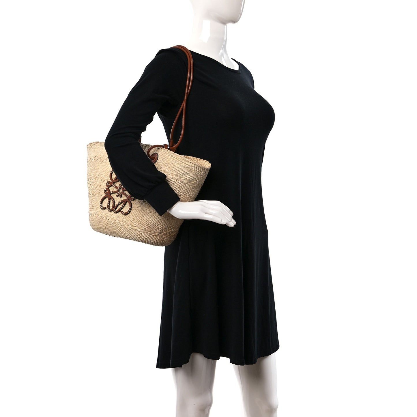 Calfskin Raffia Small Anagram Basket Tote Bag Natural Tan