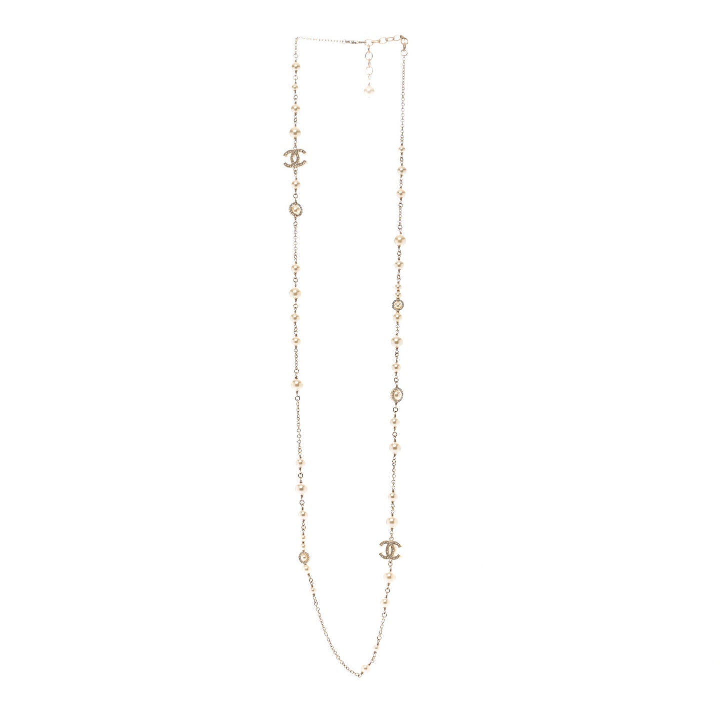 Pearl Crystal CC Long Necklace Gold White