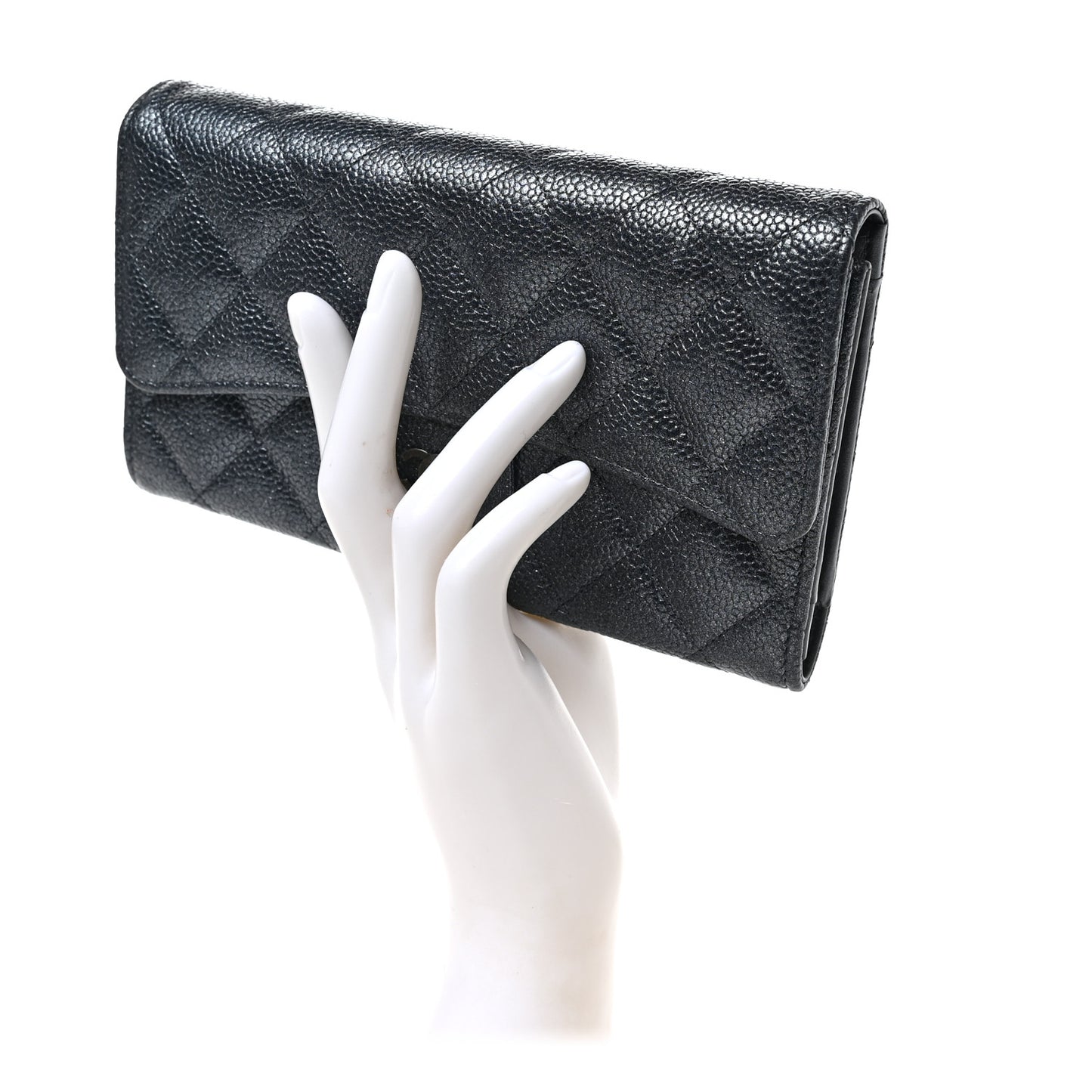 Iridescent Caviar Quilted Large Gusset Flap Wallet Black