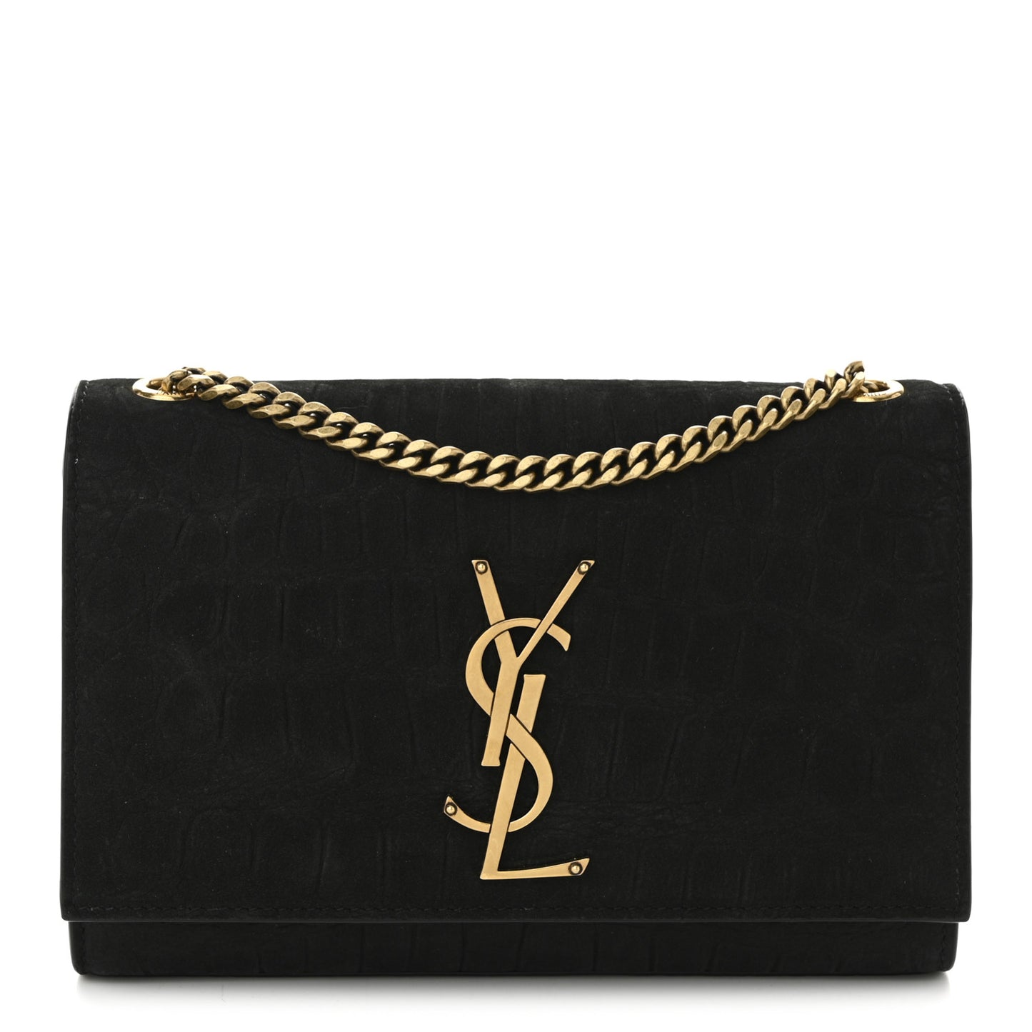 Crocodile Embossed Nubuck Small Monogram Kate Satchel Black