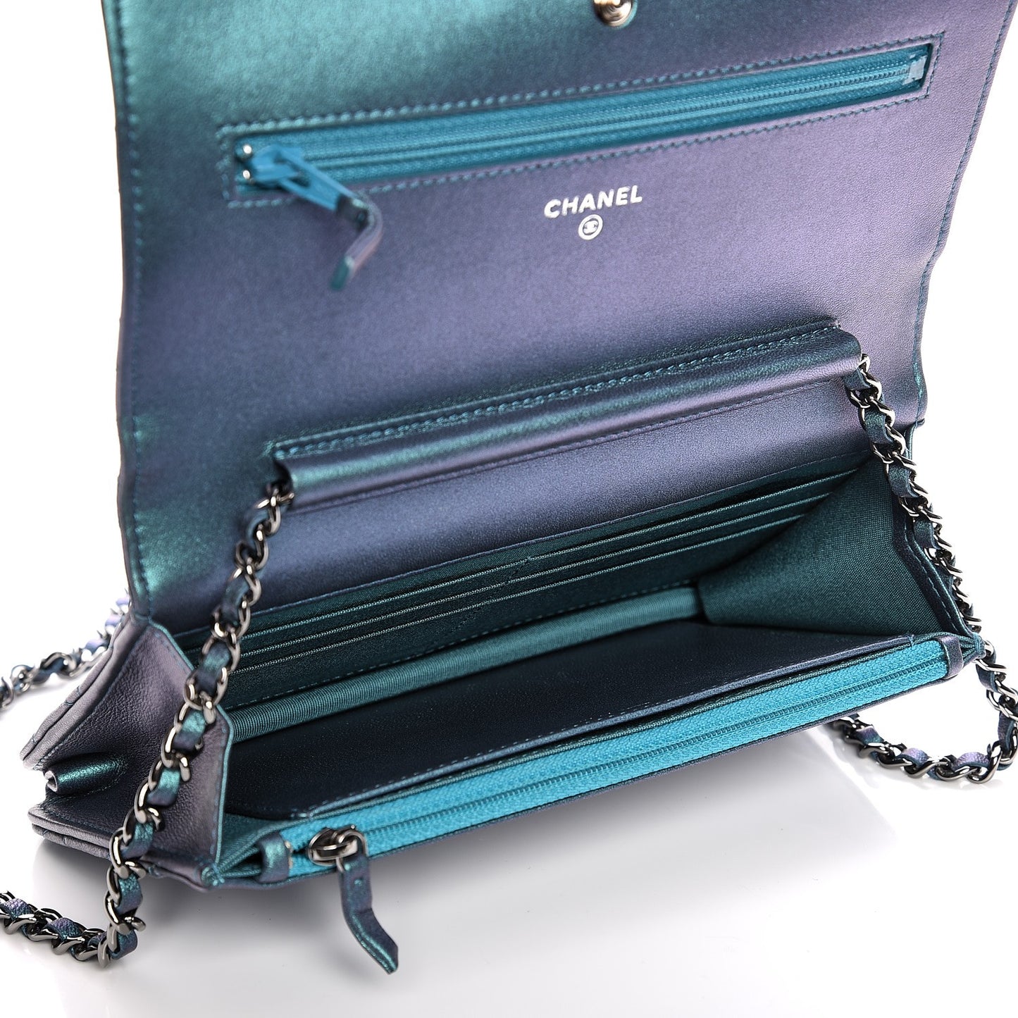 Metallic Lambskin Wallet On Chain WOC Turquoise