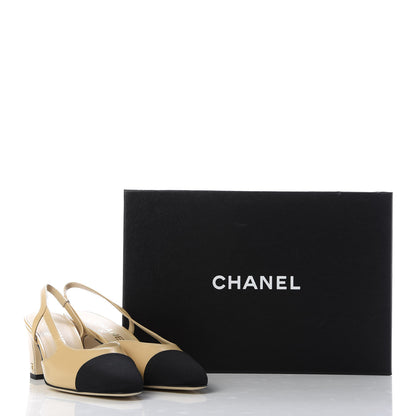 Chanel Goatskin Grosgrain Cap Toe CC Slingback Pumps 36.5 Beige Black 10 of 10